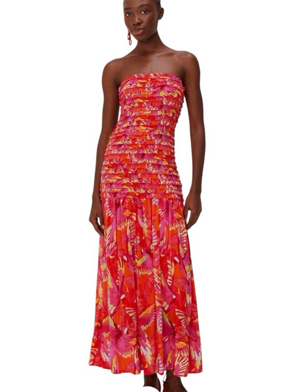 FARM RIO Flying Birds Orange Strapless Midi Dress